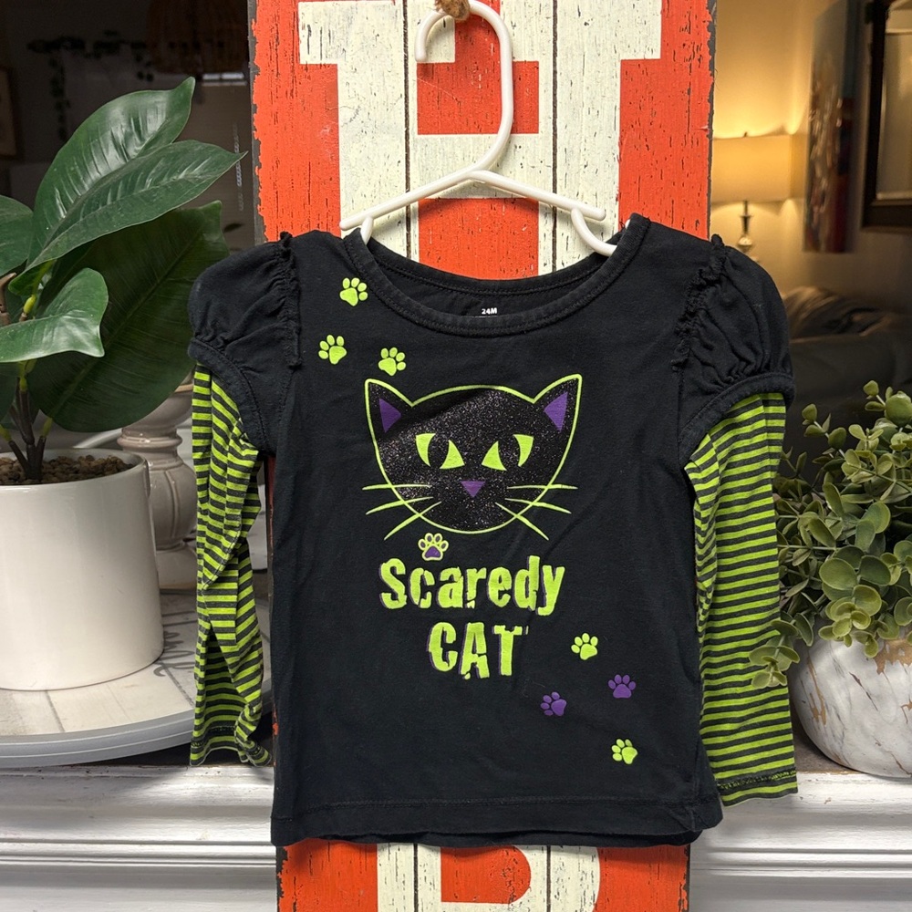 Kids Long Sleeve Cat Graphic Tee - Black and Green